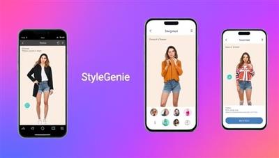 A sleek mobile app interface showcasing different outfit suggestions on a virtual model, with a user-friendly design and vibrant color palette, illustrating the convenience and style offered by StyleGenie.