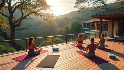 A serene landscape with a luxurious estate nestled among nature, featuring yoga mats on a sunlit deck, meditation cushions, and a group of participants engaging in mindfulness practices, embodying the tranquil and transformative atmosphere of Mindful Estates wellness retreats.
