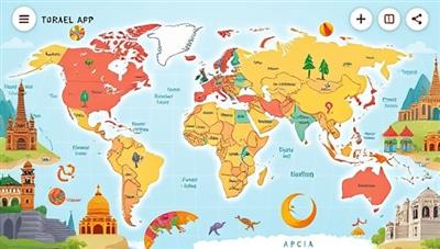 An engaging app interface showing a virtual travel map with language learning challenges, interactive quizzes, and cultural facts, accompanied by vibrant illustrations of global landmarks and cultural symbols, creating a visually stimulating and educational experience for users.