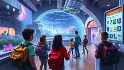 An immersive digital world showcasing students navigating through educational quests and challenges, interacting with virtual mentors and earning rewards, illustrating the exciting and interactive learning experience offered by EduQuest.