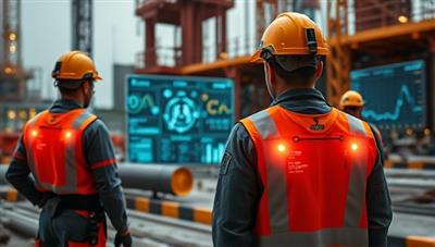 An image showing construction workers on-site wearing futuristic-looking safety gear embedded with sensors, with a central monitoring station displaying real-time data analytics and alerts, highlighting a new era of construction safety.