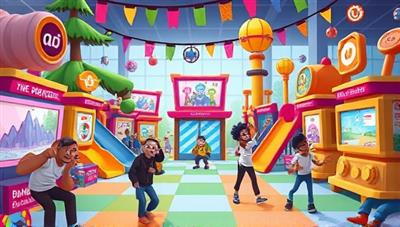 An animated scene depicting a vibrant digital playground filled with interactive ad elements, game characters, and engaging challenges, with users of diverse demographics enjoying the gamified advertising experience, symbolizing the fun and immersive nature of AdPlayground.
