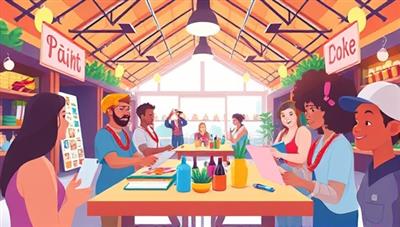 An animated graphic showcasing a virtual marketplace where users are exchanging skills like painting, coding, cooking, and music, symbolizing a vibrant community of learners and teachers supporting each other.
