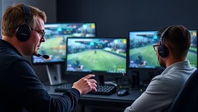 An experienced gaming coach providing guidance to a focused gamer, with screens displaying gameplay footage and strategic analyses, highlighting the personalized and interactive nature of StreamCoach Pro's coaching sessions.
