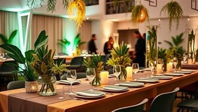 An eco-friendly event setup featuring biodegradable decorations, recycled materials, energy-efficient lighting, and reusable tableware at a stylish and green-themed gathering, illustrating the sustainable and chic approach of Green Gatherings in event planning.