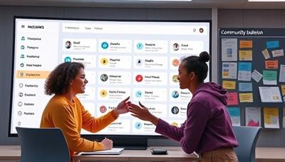 An engaging visual of two users virtually exchanging skills through a digital interface, displaying a diverse range of skill categories and a vibrant community bulletin board, signaling collaboration and knowledge sharing.