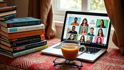 A cozy reading nook with a stack of financial books, a warm cup of tea, reading glasses, and a laptop displaying the MoneyMinds Book Club virtual meeting room, where diverse members engage in lively book discussions and share insights, fostering a love for learning and financial empowerment.