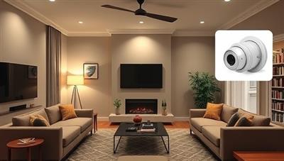 An elegant and modern living room with smart home devices seamlessly integrated, such as voice-controlled lights, a smart thermostat, and a security camera system, showcasing the comfort and convenience that TechHaven Solutions can bring to any home.