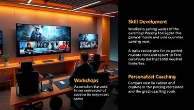 An educational visual of a virtual classroom setting within the Pro Gamer Academy platform, showcasing interactive gaming tutorials, skill development workshops, and personalized coaching sessions, emphasizing learning and improvement in a digital gaming environment.