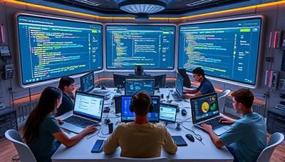A futuristic virtual coding lab with students immersed in coding exercises on multiple screens, collaborating on a complex project, surrounded by tech gadgets and digital tools, capturing the essence of innovation and tech advancement in learning.