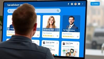 An online marketplace interface showing a user browsing through profiles of tax advisors, with ratings and reviews displayed, creating a sense of trust and transparency in the selection process on TaxAdvisor Connect.
