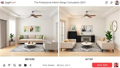 A digital room visualization tool displaying a before-and-after transformation of a living space, with virtual furniture placements and design elements, illustrating the impact of professional interior design consultation on home decor aesthetics.