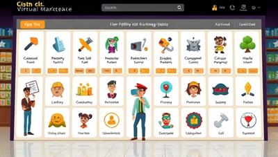 An engaging virtual marketplace interface displaying a diverse range of skill categories with animated icons representing various skills, creating a dynamic and interactive platform for skill exchange.