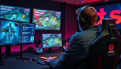 An e-sports coach providing guidance to a player in a competitive gaming setup, with screens displaying gameplay analysis and strategic tips, demonstrating the value of personalized coaching in improving gaming performance.