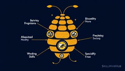An artistic representation of a beehive symbolizing a hive of specialized skills and talents, with interconnected pathways leading to different industry sectors, showcasing the diverse and niche opportunities available on the SkillHiveHub platform.