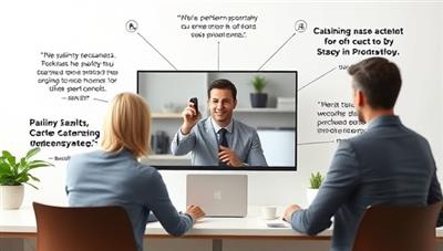 An interactive virtual sales pitch scenario with a sales professional engaging a potential client through a video call, surrounded by sales performance metrics and motivational quotes, illustrating the dynamic and results-driven approach offered by the recruitment agency, emphasizing successful sales connections and partnerships.