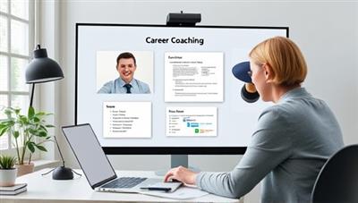 An image depicting a virtual career coaching session with a professional coach guiding a client through resume writing tips, career planning strategies, and job search techniques, illustrating the platform's personalized career guidance services.