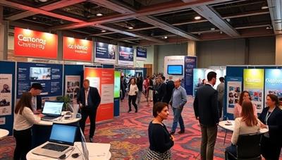 An engaging virtual career fair environment with virtual booths representing different industries, interactive networking spaces for job seekers and employers, and professional development workshops conducted by industry experts, fostering career growth and opportunities in a virtual setting.