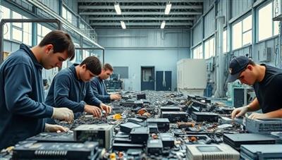 A team of technicians dismantling and refurbishing old electronic devices in a modern recycling facility, showcasing the process of transforming e-waste into reusable components with a focus on sustainability.