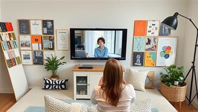 A virtual design studio setup featuring a designer conducting a consultation session with a client via video call, surrounded by mood boards, fabric swatches, and design samples, creating a visually appealing and professional design environment for remote collaborations.