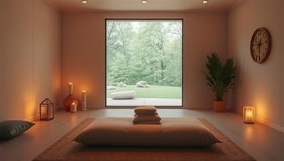 A serene virtual meditation room with soft lighting, comfortable cushions, incense burning, and a peaceful natural backdrop, creating a tranquil and inviting space for users to immerse themselves in mindfulness practices and relaxation techniques within the Mindful Moments app.