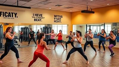A dynamic fitness studio setting with instructors leading energetic workout sessions, participants engaging in various exercises like yoga poses, dance moves, and martial arts kicks, surrounded by motivational quotes and fitness equipment, exuding a lively and inclusive fitness environment.