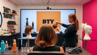 An online hairstyling workshop in progress, featuring a virtual class setting with hairstyling tools, mannequin heads, and a professional hairstylist demonstrating a trendy hairstyle, creating an immersive learning experience in a digital format.