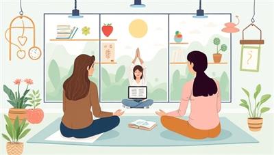 A serene digital illustration depicting educators practicing mindfulness and well-being exercises in a virtual setting, surrounded by calming nature scenes, meditation tools, and stress-relief techniques, capturing the essence of CalmMind Academy's holistic approach to supporting mental health and wellness in the education community.