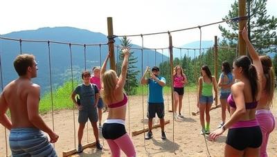 A diverse group of participants engaging in a fitness challenge obstacle course set in a scenic outdoor location, showcasing teamwork, physical activity, and the spirit of adventure, with obstacles, ropes, and fitness stations creating an exciting and dynamic fitness adventure setting.