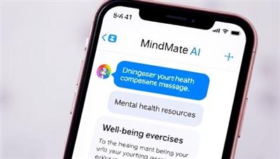 A smartphone screen displaying the MindMate AI chatbot interface with compassionate messaging, mental health resources, and well-being exercises, creating a safe and supportive space for mental health conversations and empowerment, symbolizing the empathy and assistance provided by the chatbot.