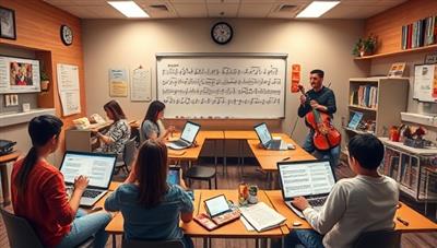 An artistic visualization of a virtual music classroom within MelodyMentor Online, featuring diverse individuals learning and practicing music together on different instruments, with digital music sheets, interactive tutorials, and virtual instructors guiding the students, creating an immersive and inspiring musical learning environment.