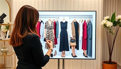 An elegant virtual styling session featuring a stylist interacting with a client through a digital platform, presenting stylish outfit options, color palettes, and accessories on a virtual wardrobe screen, creating a personalized and fashionable styling experience.