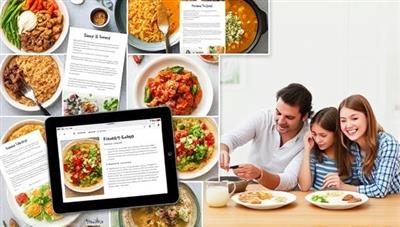An engaging digital collage featuring a variety of colorful and appetizing dishes with personalized recipe cards, a tablet displaying the subscription service interface, and a happy family enjoying a homemade meal together, highlighting the convenience and satisfaction of the personalized recipe experience.