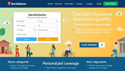 A vibrant website interface showcasing SpecialtyQuote's specialty insurance quote generator tool, with colorful illustrations representing various niche insurance categories and personalized coverage options, attracting customers seeking tailored insurance solutions.