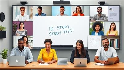 A vibrant virtual study room setting with diverse students interacting through video calls, sharing notes on a digital whiteboard, and exchanging study tips, fostering a collaborative and engaging study environment.