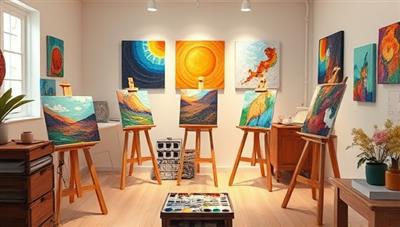 A serene virtual art studio setting with easels, paint palettes, brushes, and colorful artworks on display, creating a peaceful and inspiring environment for therapeutic art creation and emotional exploration.