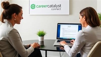 A virtual meeting room setup with a career coach and a client discussing job search strategies and reviewing a resume on a laptop screen, conveying professionalism and mentorship at Career Catalyst Connect.