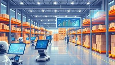 An illustration of a futuristic warehouse filled with automated robots moving inventory, with a digital control panel displaying real-time data analytics and inventory levels, showcasing efficiency and technology integration.