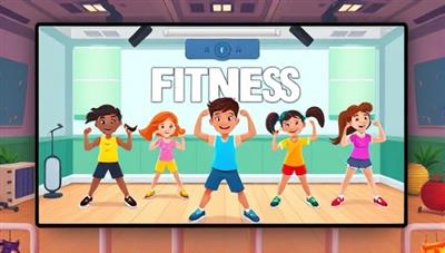 An animated and colorful virtual fitness class scene with cartoon-style characters of kids exercising enthusiastically on screen, accompanied by cheerful music and motivational cues, creating a vibrant and engaging fitness environment for children.