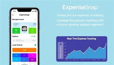 A smartphone displaying the ExpenseSnap app interface with colorful expense categories, a camera icon for receipt scanning, and real-time expense tracking graphs, illustrating the seamless and efficient expense management capabilities of the app.