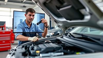 An automotive repair consultation scene with a mechanic inspecting a car engine via video call, displaying diagnostic tools and repair recommendations, conveying expertise and reliability in virtual car care services.