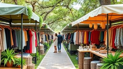 An outdoor fashion market scene with colorful stalls showcasing sustainable clothing, accessories, and beauty products, surrounded by greenery and eco-friendly decorations, creating a vibrant and eco-conscious shopping environment.