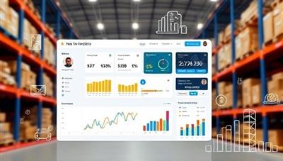 An online dashboard displaying real-time inventory levels, order statuses, and analytics charts, surrounded by digital warehouse shelves and logistic icons, symbolizing efficiency and control.
