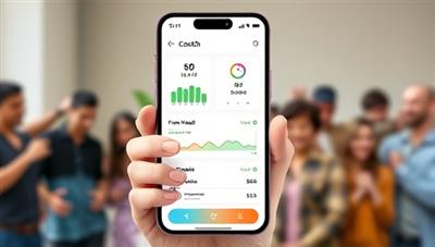 A contemporary and user-friendly mobile app interface displaying financial health metrics, goal progress bars, and budgeting tools, with a diverse group of users engaging with the app features, symbolizing financial empowerment and control.