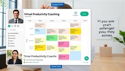 A virtual productivity coaching session screen with a coach providing tips on time management, a calendar with color-coded tasks, and a motivational quote in the background, illustrating a focused and organized work approach in the remote environment.