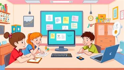 An engaging and colorful online coding classroom environment with animated characters, coding blocks, and digital devices, where kids are actively participating in coding activities and exploring the world of programming with CodeWhiz Junior, showcasing the fun and educational aspects of the bootcamp.