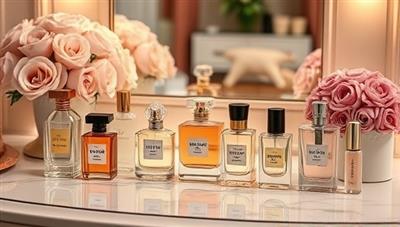 A collection of elegantly designed perfume bottles and fragrance samples arranged on a luxurious vanity table, surrounded by floral accents and soft lighting, evoking a sense of sophistication and personalized scent experiences.
