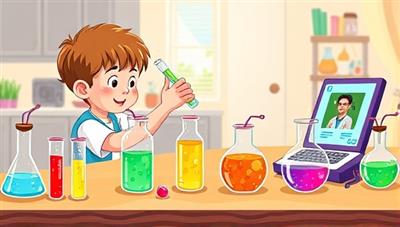 An illustration of a child conducting a colorful science experiment at a home table, surrounded by test tubes, beakers, and a laptop playing an instructional video, creating a dynamic and engaging learning environment.