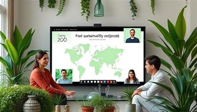 An eco-friendly investment club meeting setup with members discussing sustainability projects on a virtual platform, surrounded by green plants and natural elements, reflecting a commitment to environmental impact through investing.