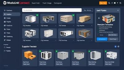 An interactive online platform interface displaying a variety of modular construction components, with user-friendly search options and real-time supplier connections, illustrating the efficiency and convenience of the ModuLink Connect platform.